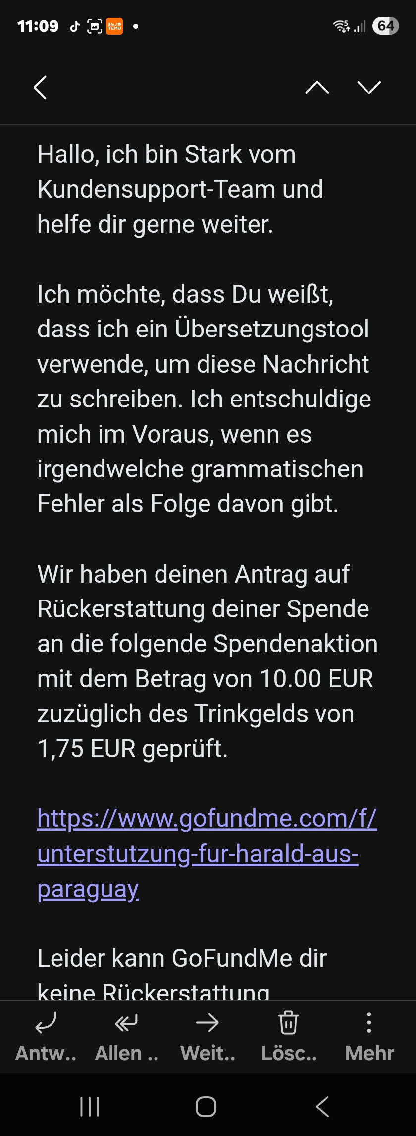 Screenshot einer GoFundMe-Mail zur Prüfung der Rückerstattung Teil 1