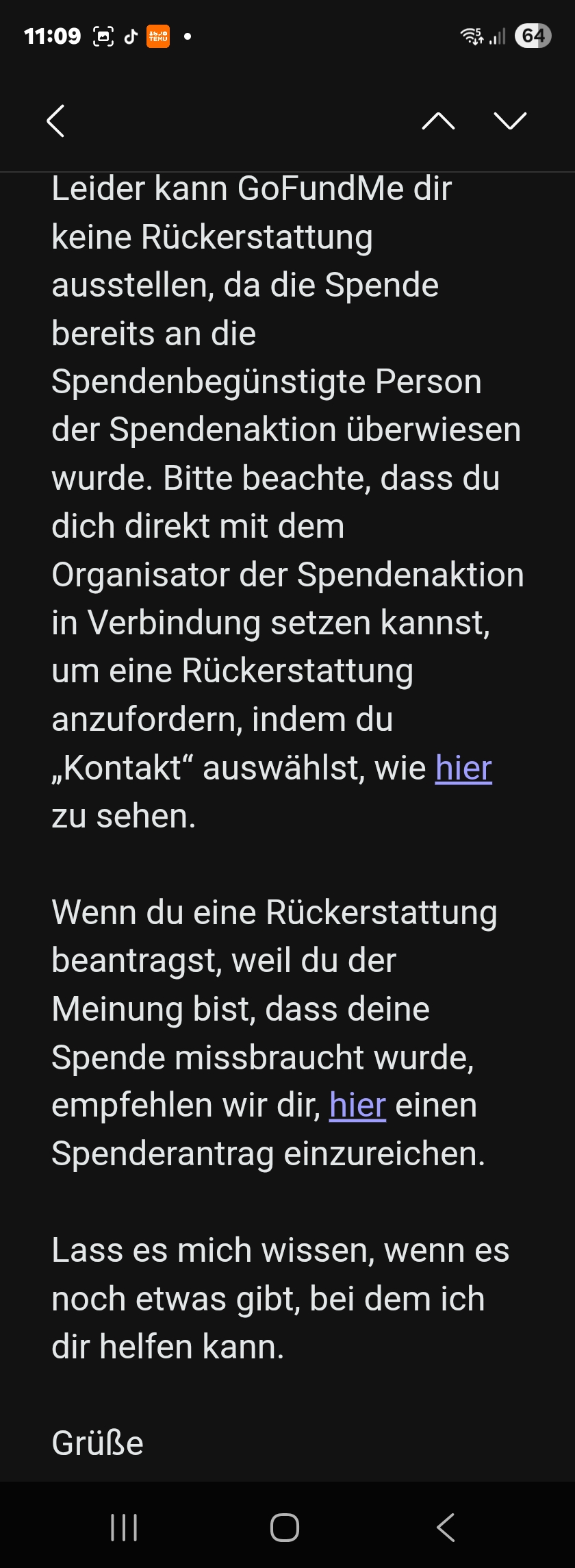 Screenshot einer GoFundMe-Mail zur Auszahlung der Spende Teil 2