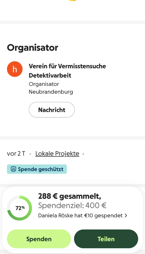 GoFundMe-Screenshot mit Organisator und 288 Euro gesammelt