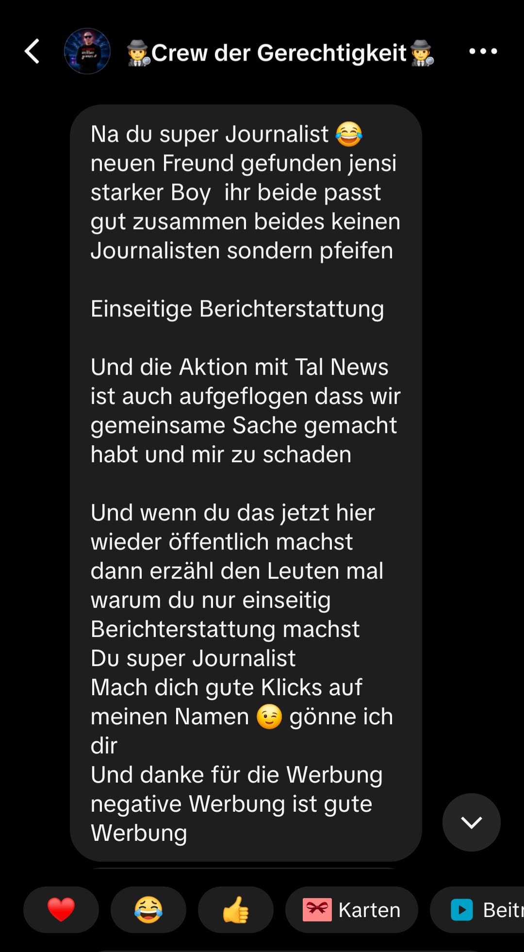 Screenshot des Nachrichtenverlaufs mit Vorwürfen gegen Bamberg24.tv